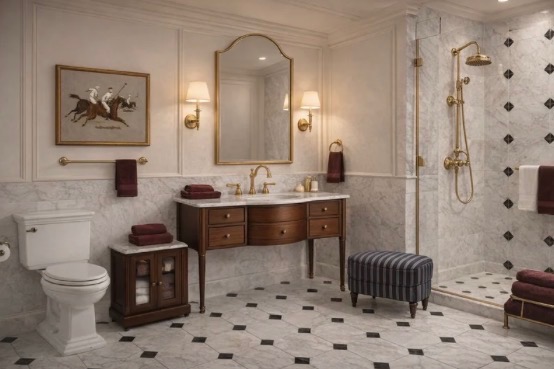 Ralph Lauren-inspired bathroom — walnut vanity, brass shower, diamond tile floor