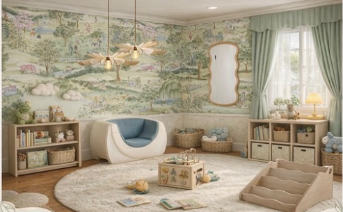 Children’s play room — pastoral mural, oak shelving, reading chair