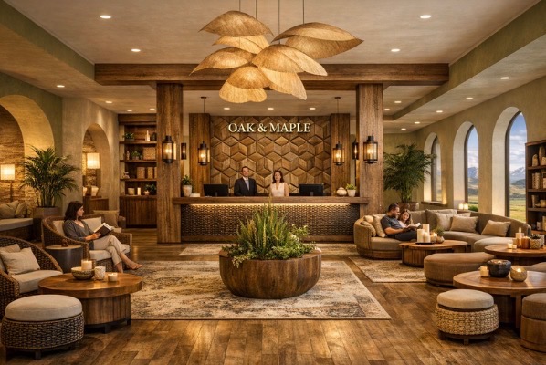 Oak & Maple lobby — woven pendants, oak columns, modular lounge